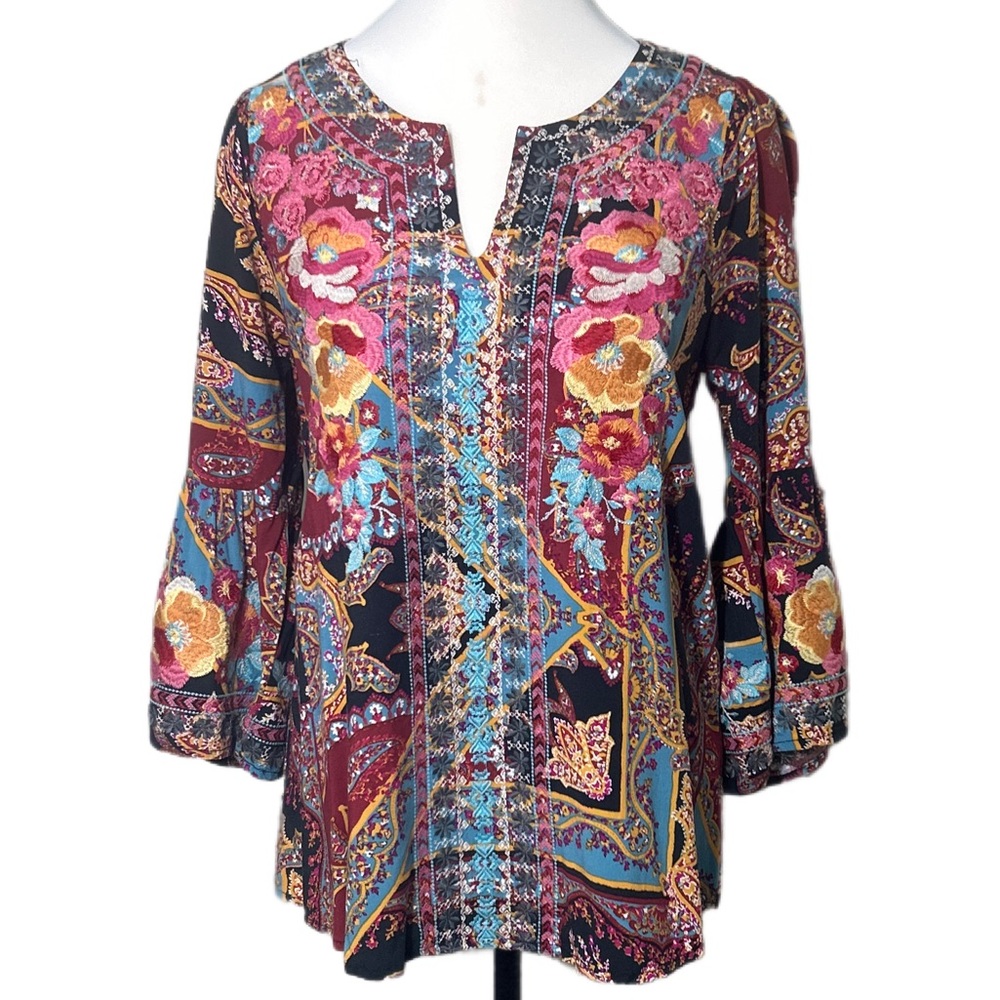 Savanna Jane Sweet Touch Black Pink Floral Embroidered Paisley Boho Blouse